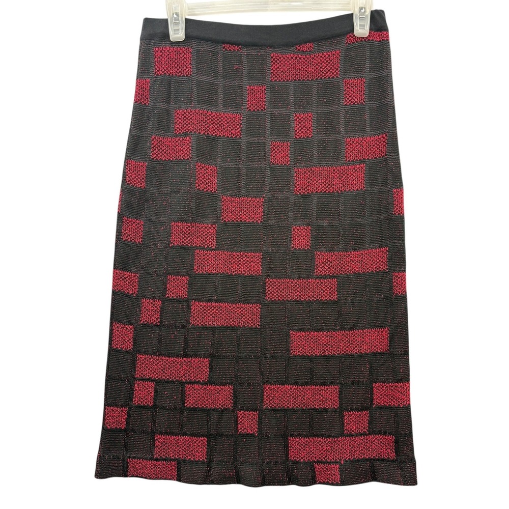 Ming Wang Women's Knit Midi Skirt Black Red Geometric Pattern Textured Size S